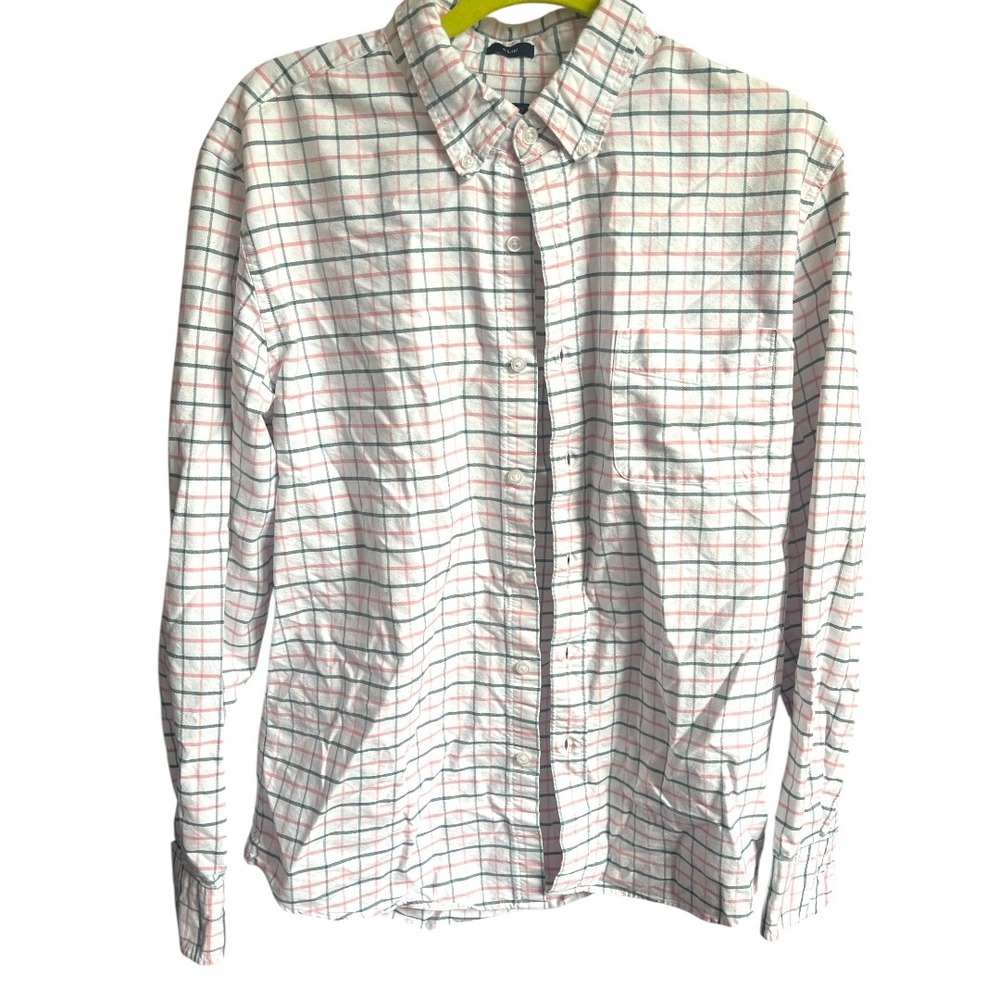 J. Crew Slim Fit Flex Oxford Shirt‎ White W Pink Green Windowpane Plaid L